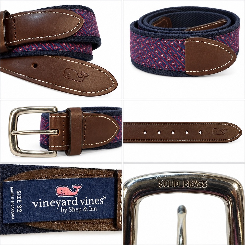 Vineyard Vines Mens Lacrosse Stick Canvas Leather Club Belt Navy Brown 32